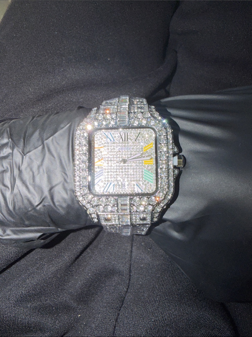 Cartier Silver Crystal Pave Men's Watch with Blue Yellow Green Accents